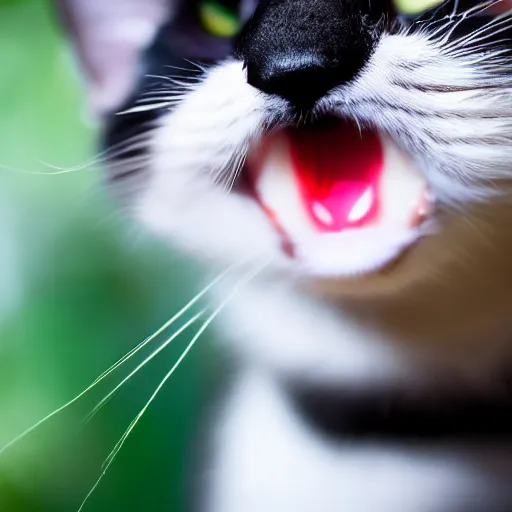 Prompt: black cat with big yellow eyes gazing at the camera with open mouth, 4 k, blurred background, uncanny