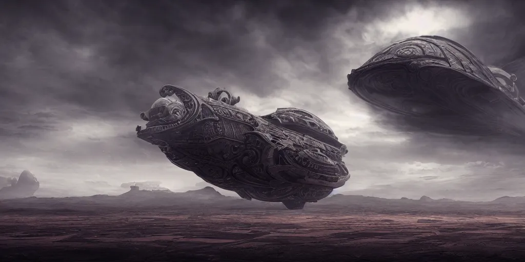 Image similar to a large ominous and geometric very ornate and detailed spaceship, lots of shapes intertwined very large and long floating over a barren dry land with an epic cloud formation on the background by James Paick,very detailed, octane render, 8k, scary and brooding, scary and dark, canon 24mm lens