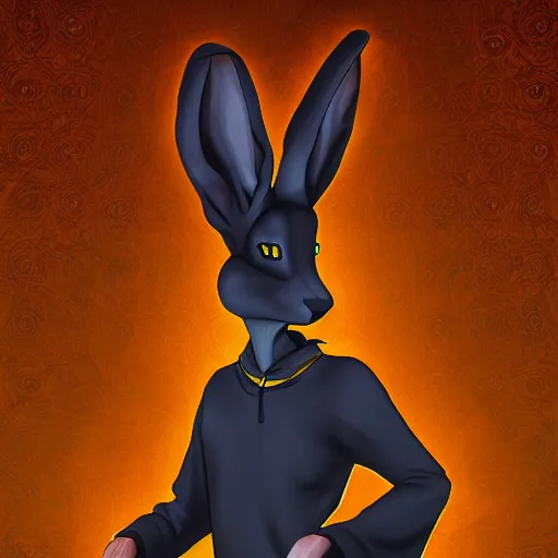 Image similar to black humanlike anthropomorphic jackrabbit harengon, wearing monk robes and a large wide brimmed hat, dark foreground, 4 k digital art