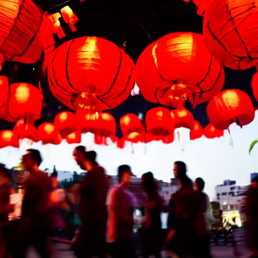 Image similar to a tiny dark black night club with five red chinese lanterns, people's silhouettes close up, wearing white t - shirts that glow in the dark, minimalism,