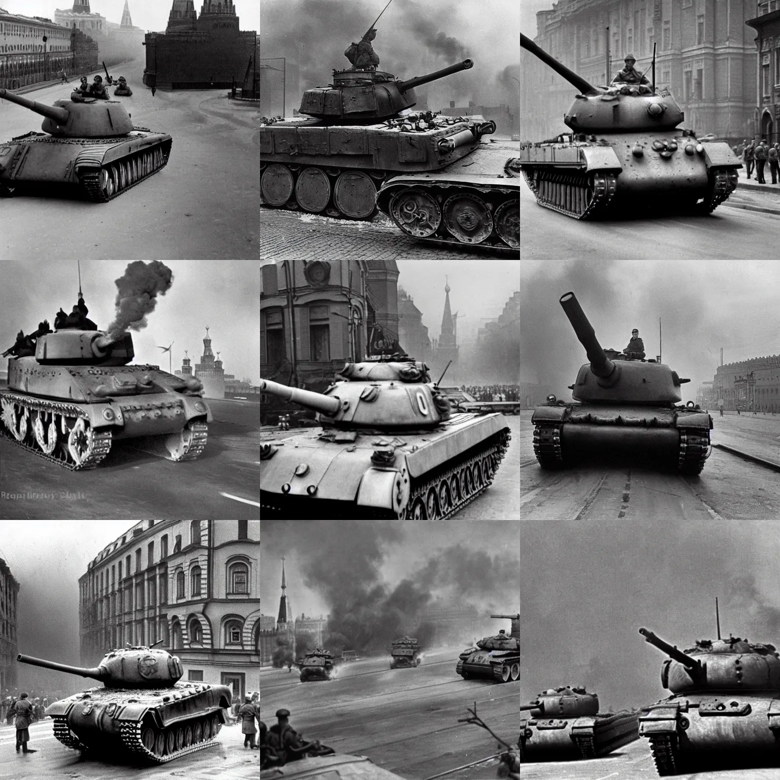 Prompt: allied tank column drives through moscow, 1 9 4 6