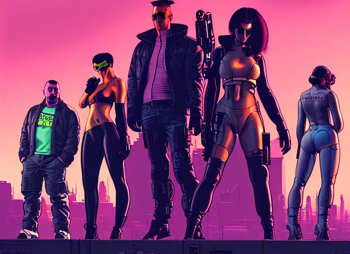 Prompt: cyberpunk heist crew. portrait by stonehouse and mœbius and will eisner and gil elvgren and pixar. character design. realistic proportions. cyberpunk 2 0 7 7 character art, blade runner 2 0 4 9 concept art. cel shading. attractive face. thick lines. the team. diverse characters. shadowrun. artstationhq.