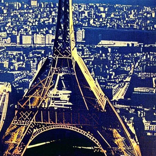 Prompt: the entirety of the eiffel tower flipped in a upside down angle, 1 9 8 0 s art style