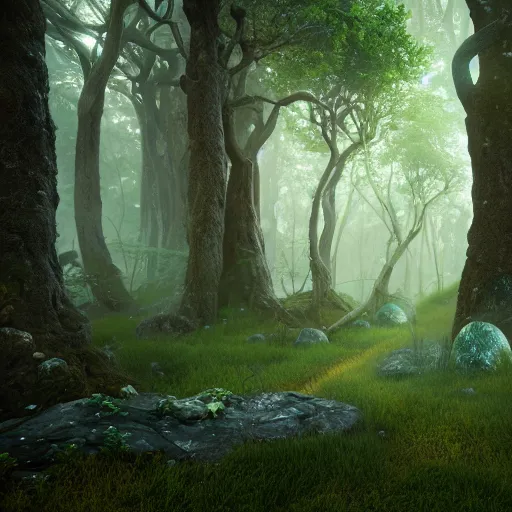 Prompt: thr magical and mystical forest of vanaheim with fairies and nature, scandinavian / norse influenced, cinematic, ray traced, octane render, cinematic lighting, ultrarealistic, featured on artstation, 8 k uhd artwork