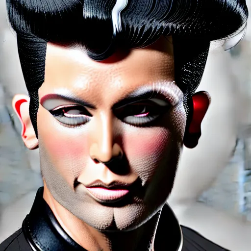 Image similar to black pompadour hair with white streaks, fluffy black hair with graying temples, jet black hair with silver shocks