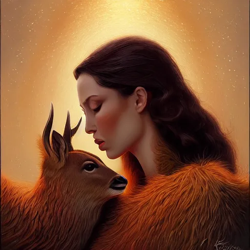 Image similar to a dramatic portrait of a woman showing affection to deer, cinematic lighting, symmetric face by karol bak, christopher balaskas