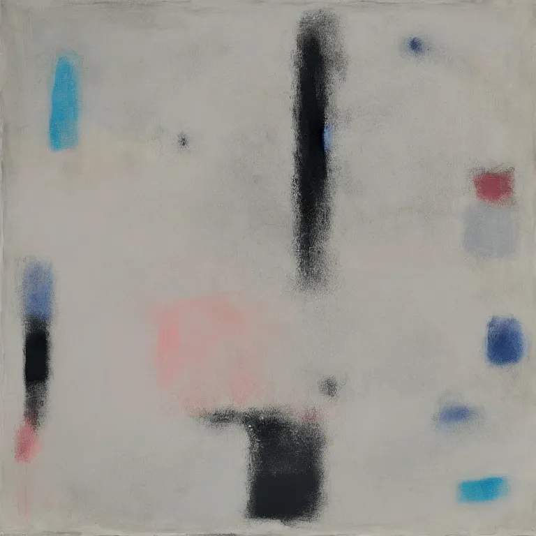 Prompt: An abstract painting using soft pale colours and milky texture contrasted by dark bold scratches and some simple shape, reminiscent of natural sceneries and influenced by Japanese minimalism, John Hoyland, Johannes Itten and Marcel Duchamp.