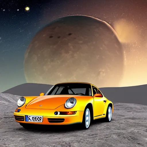 Prompt: porsche driving on the moon io with jupiter large in the sky