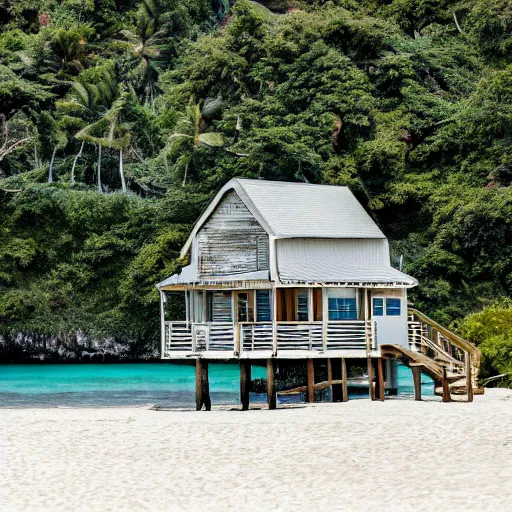 Prompt: small house on an island beach, gentle waves