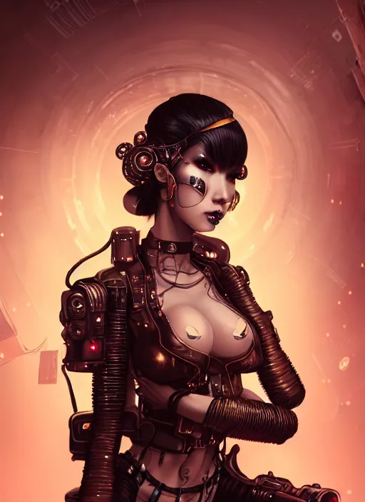 Image similar to soft lustrous ebony geisha seductive raver gutter punk steampunk cyborg, golden ratio, details, scifi, fantasy, cyberpunk city, intricate, decadent, highly detailed, octane render, digital painting, artstation, concept art, sharp focus, illustration, art by artgerm, loish, wlop