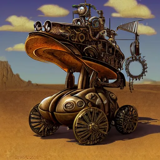 Prompt: giant steampunk mechanical frog, concept art, wild west, desert, digital art