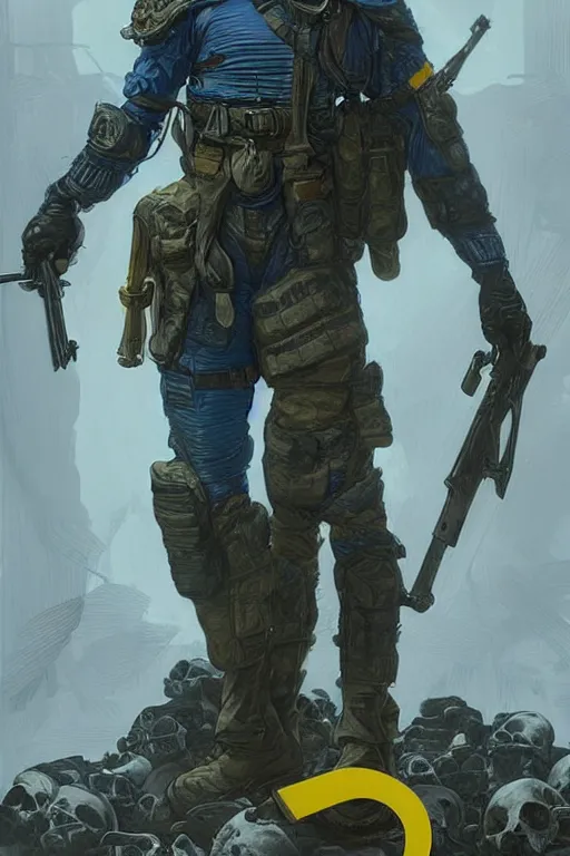 Prompt: a distant shot of a Modern Warfare soldier with blue and yellow uniform standing alone on a pile of skulls as a winner, masculine figure, D&D, fantasy, intricate, elegant, highly detailed, extremely detailed, digital painting, artstation, concept art, matte, sharp focus, symmetrical, illustration, art by Artgerm and Greg Rutkowski and Alphonse Mucha