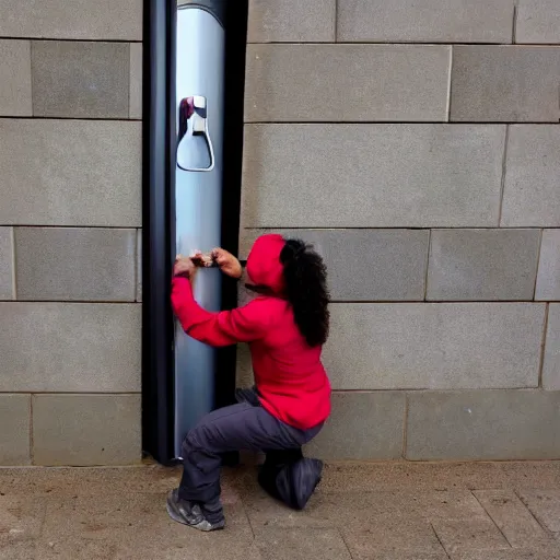 Prompt: incan woman crouching in front of a futuristic door picking a lock