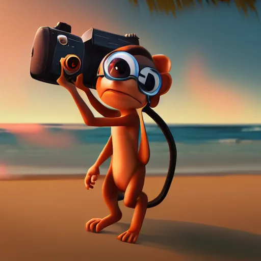 Image similar to monkey holding a camera in the Beach, mattepainting concept Blizzard pixar maya engine on stylized background splash comics global illumination lighting artstation lois van baarle, ilya kuvshinov, rossdraws