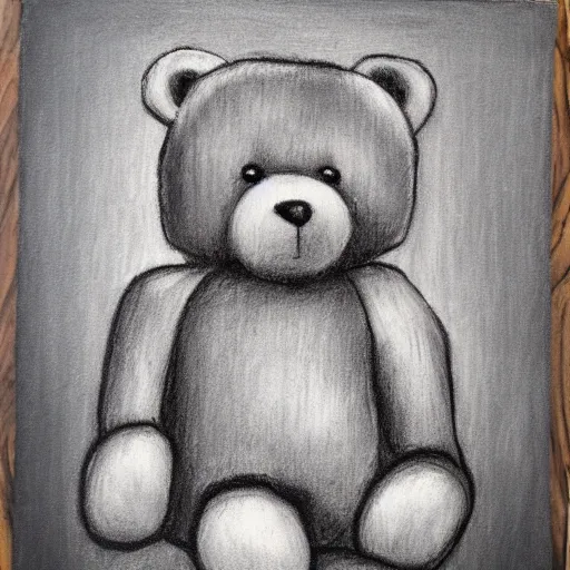 Prompt: teddy bear, charcoal on wood