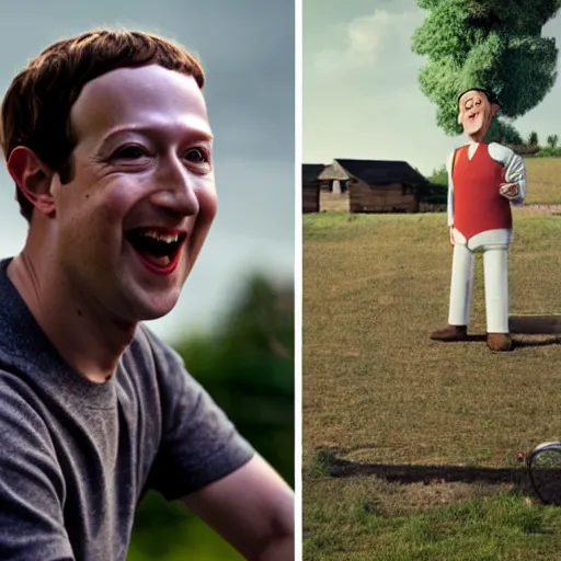 Image similar to closeup photo of mark zuckerberg dressed as pee wee herman, sunny day, village house, pastoral, happy, cinematic, art by jan urschel and neil blevins