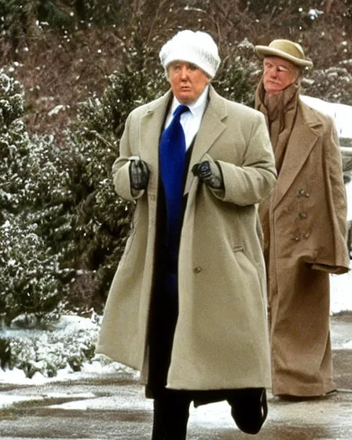 Image similar to donald trump dressed as chauncey gardiner in the movie being there, photorealistic, shot in the style of hal ashby