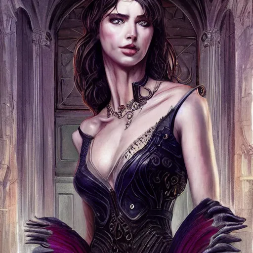 Image similar to a portrait of a young susan saradon as a sorceress, upper half portrait, urban motifs, intricate, elegant, highly detailed, digital painting, trending on artstation, concept art, smooth sharp focus, illustration, art by artgerm and greg rutkowski