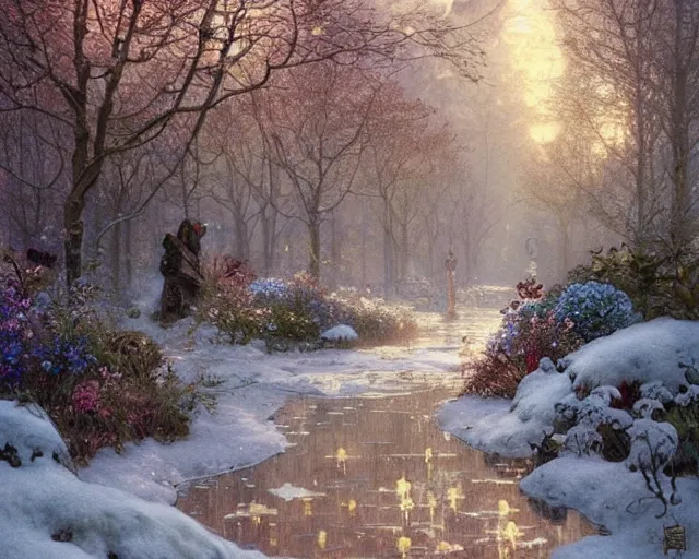 Prompt: a beautifull intricate winter garden with many flowers, reflexions, verry high details by william turner art, greg rutkowski and alphonse mucha, trending on artstation, very very detailed, masterpiece, - h 7 0 4