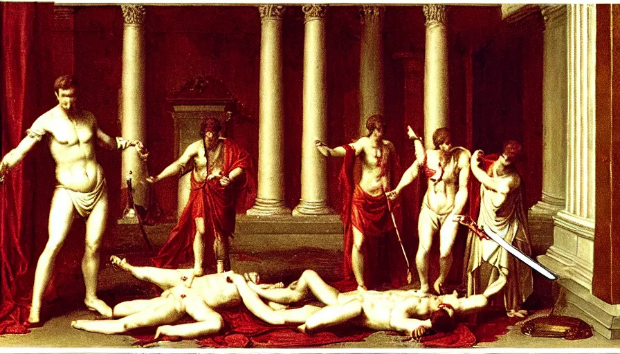 Prompt: low quality mini dv camera footage of caligula slaughtered to deathvby a man in a neoclassical room, photograph zoom, high detailled, blood,