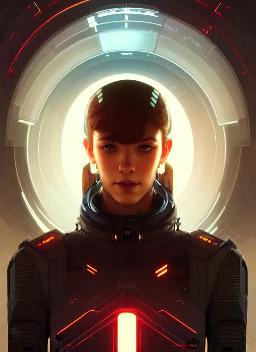 Image similar to symmetry!! portrait of space soldier, tech wear, scifi, glowing lights!! intricate elegant, highly detailed, digital painting, artstation, concept art, smooth, sharp focus, illustration, art by artgerm and greg rutkowski and alphonse mucha