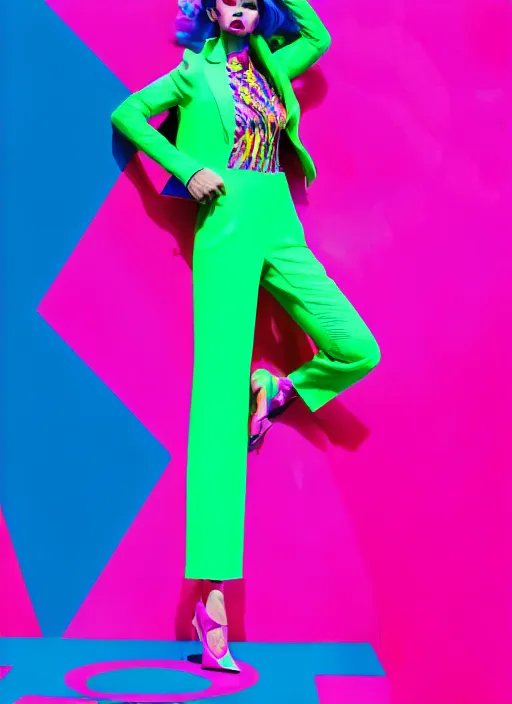 Image similar to bright trouser suit for a rave, bright colors, many details, prints, photo for a magazine, photo for a store, fashion photography, Vogue, 135 mm, cinematic, hyper realism, high detail, 8k, Two models in the frame, dynamic pose,Smooth skin, perfect face