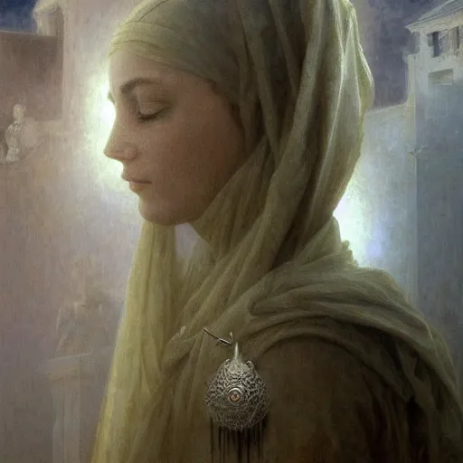 Image similar to detailed portrait of a scifi ghost, interior, filigree ornaments and greek architecture, artstation, bouguereau, beksinski, in africa, cinematic