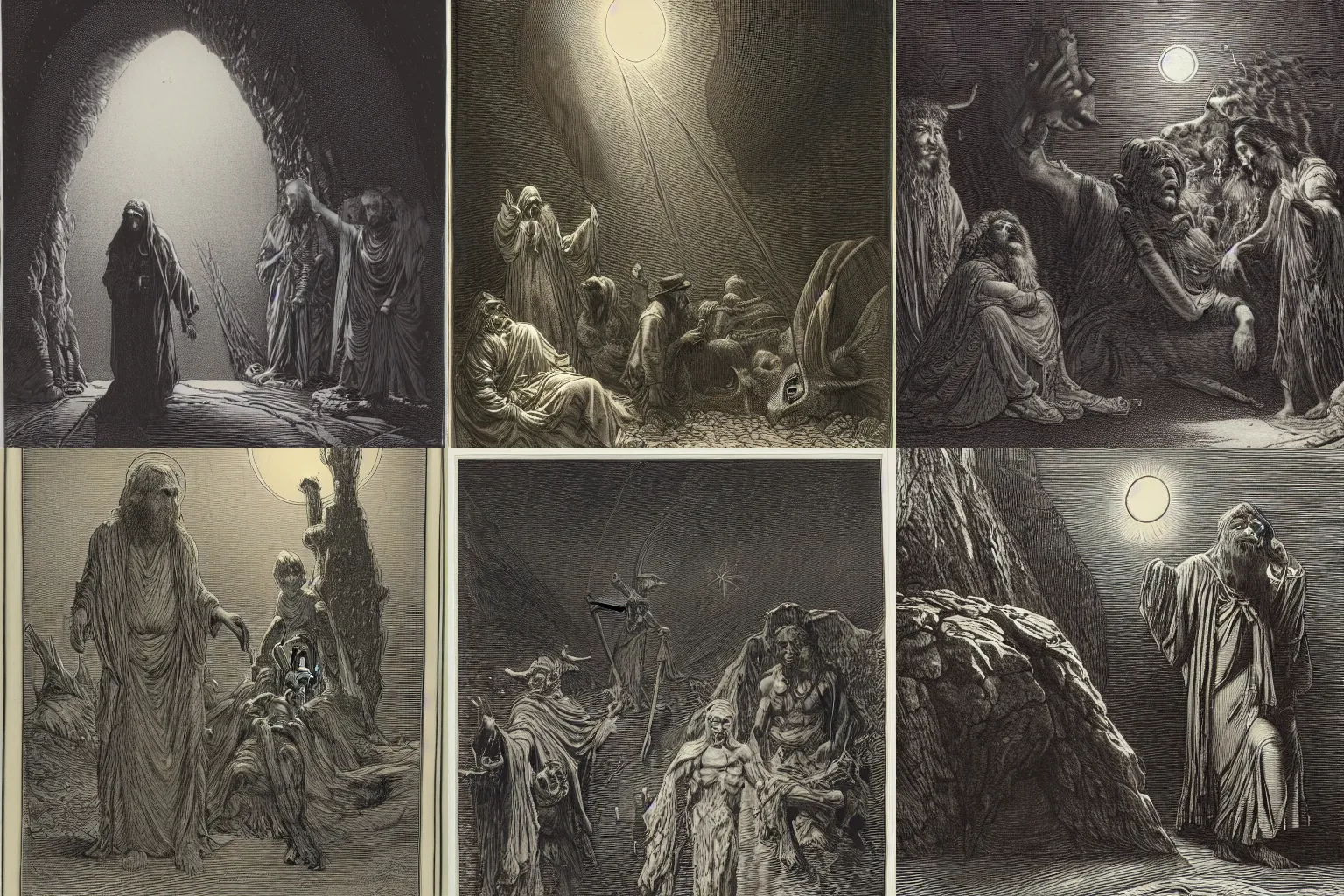 Prompt: etching by Franklin Booth and Gustav Doré showing frightened sorcerer in the desert by night surrounded by nightmares, mystic athmosphere, UHD, 8K,