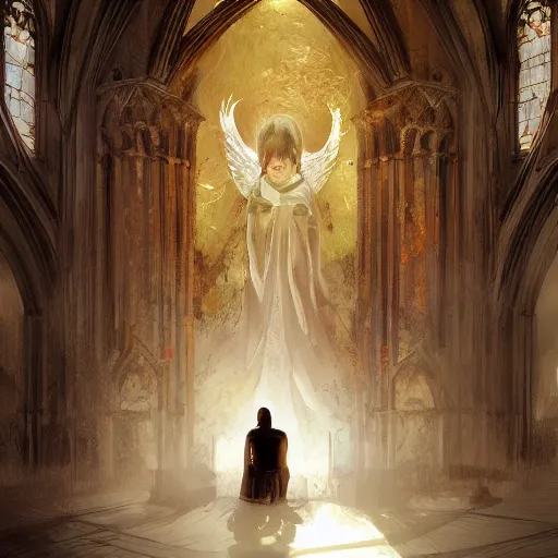 Image similar to angel protecting man who is praying inside a gothic church by Stanley Artgerm Lau, WLOP, Rossdraws, James Jean, Andrei Riabovitchev, Marc Simonetti, Yoshitaka Amano, ArtStation, CGSociety