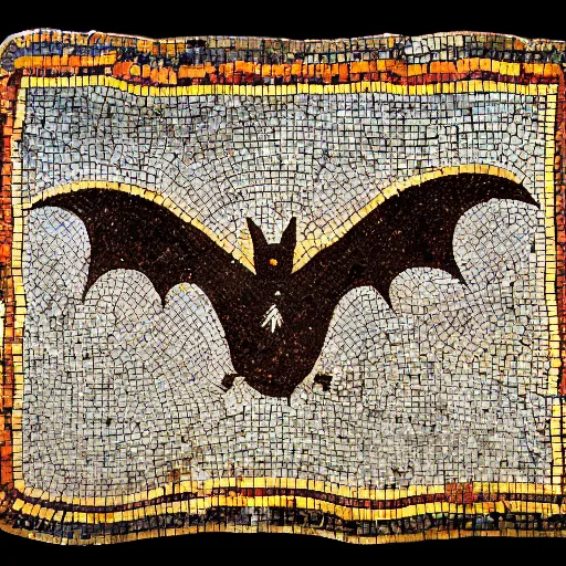 Image similar to medium shot Mosaic depicting a cute realistic pet bat looking left, from Italica, AD 176-275. Archaeological Museum, Seville. Byzantine mosaics, highly detailed, HQ, HD, beautiful, National Geographic,