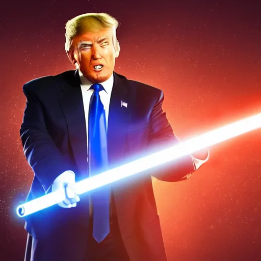 Image similar to donald trump with a lightsaber, dynamic lighting, highly detailed