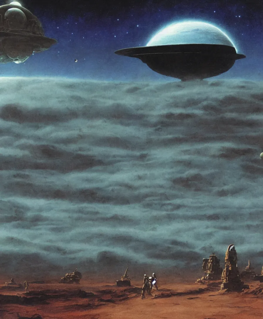 Image similar to A giant starship hovering over a lifeless dark planet surface surrounded by dust clouds. Troops on the surface are watching the spectacle. Detailed matte painting by Michael Whelan, Bruce Pennington, Karel Thole, David Schleinkofer and Vincent di Fate using subdued blue and green color tones.