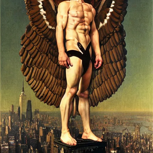 Image similar to marvelous detailed portrait of a ripped physique winged Nephilim Hank Hill Man with a halo standing above new york city. norman rockwell heorhiy narbut jessie wilcox smith beatrix potter joseph leyendecker acrylic painting