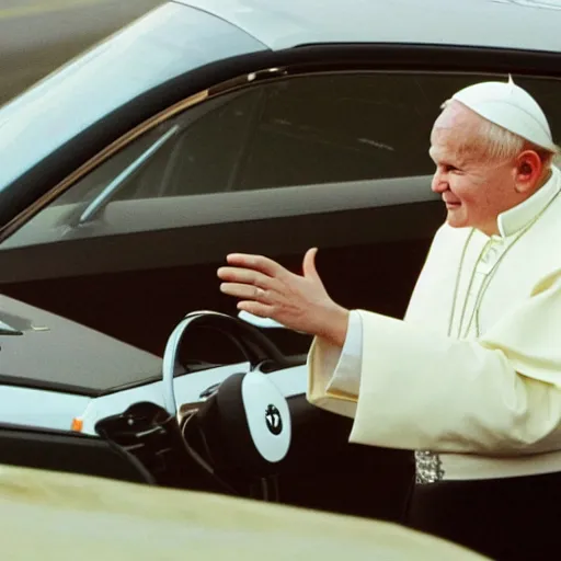 Prompt: a high-quality photo of john paul II drifting like a pro in his BMW pope mobile