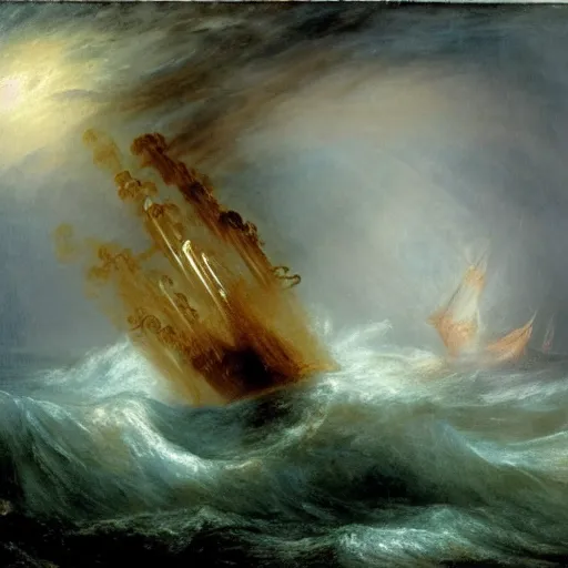 Prompt: giant octopus with giant tentacles destroying a frigate on a stormy sea, in the style of jmw turner