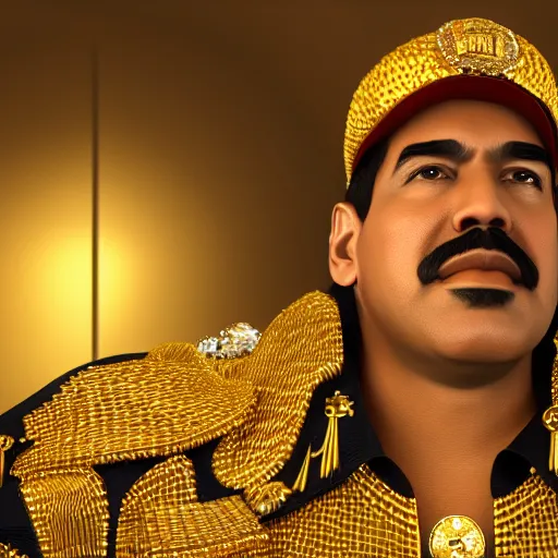 Prompt: a still of nicolas maduro surrounded by gold and diamonds, award - winning, photograph, 3 d render, unreal engine, 4 k detailed