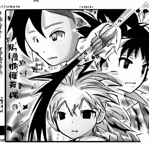 Image similar to young anime hero, illustrated by mato and ken sugimori, manga, black and white illustration