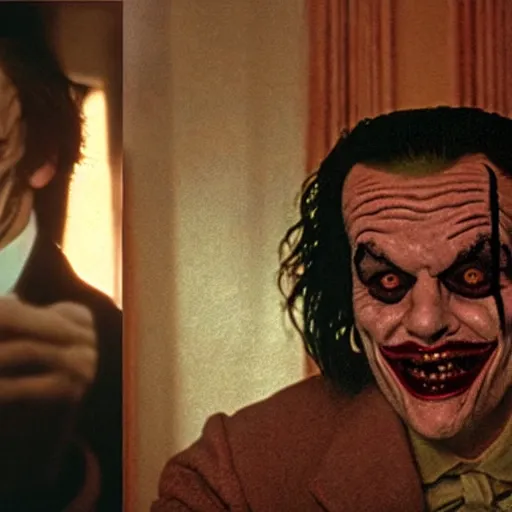 Image similar to jack torrance as the joker in the shining, sitting at the bar with whiskey, widescreen shot, anamorphic film, screenshot by stanley kubrick