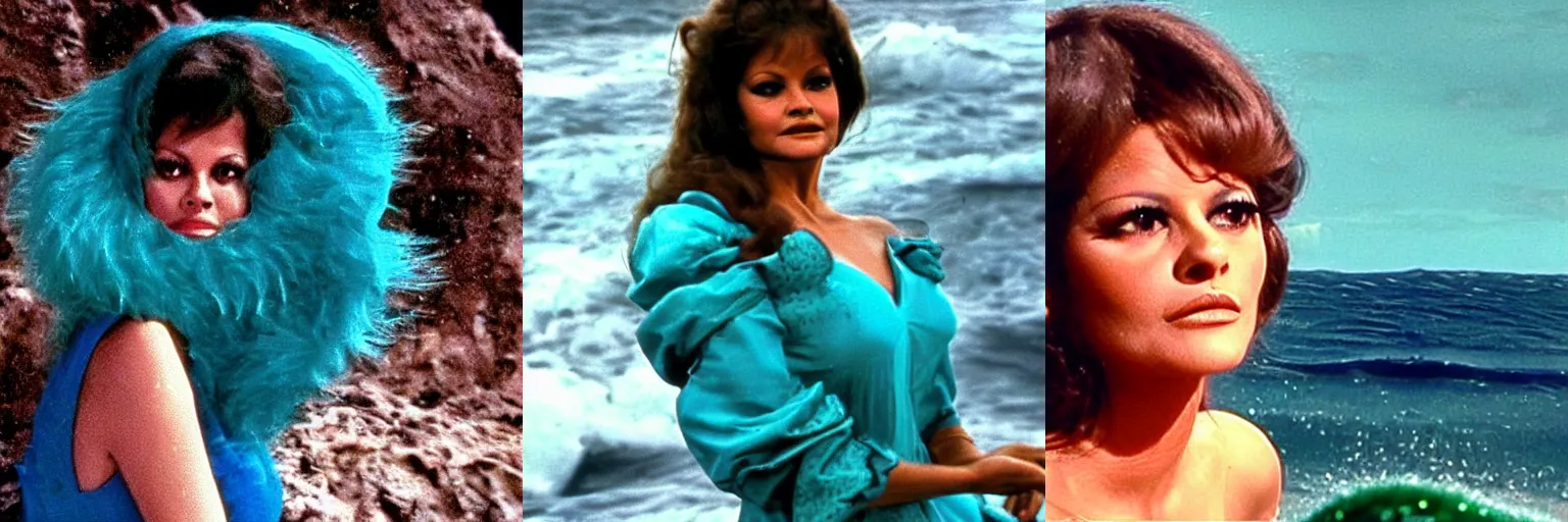 Prompt: classic italian movie with claudia cardinale in the style of andromeda and the sea monster. claudia cardinale is andromeda and stands on a rock in front of a windy sea. the sea monster is enormous and turquoise and has a tremondous mouth. claudia cardinale attemps to escape him. cinematic, breathtaking, technicolor, highly intricate
