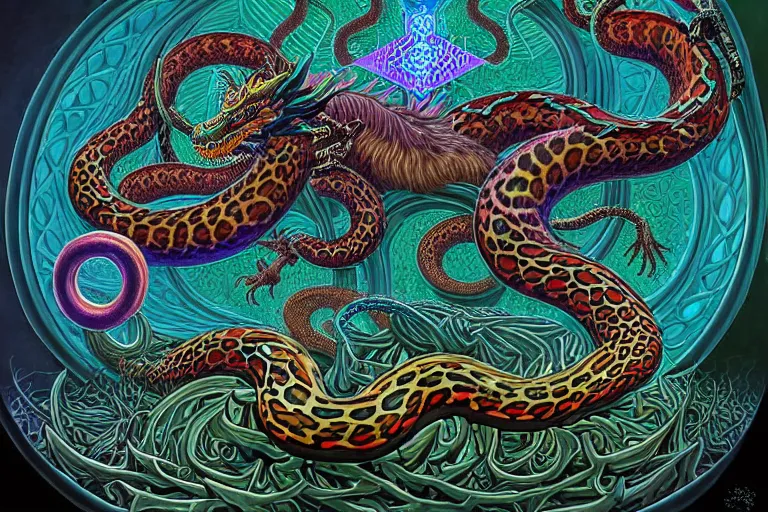 Prompt: a detailed digital art painting of a cellshaded cyberpunk ornate magick oni dragon with occult futuristic effigy of a beautiful field of mushrooms that is a adorable leopard atomic latent snakes in between ferret biomorphic molecular psychedelic hallucinations in the style of escher, alex grey, stephen gammell inspired by realism, symbolism, magical realism and dark fantasy, crisp