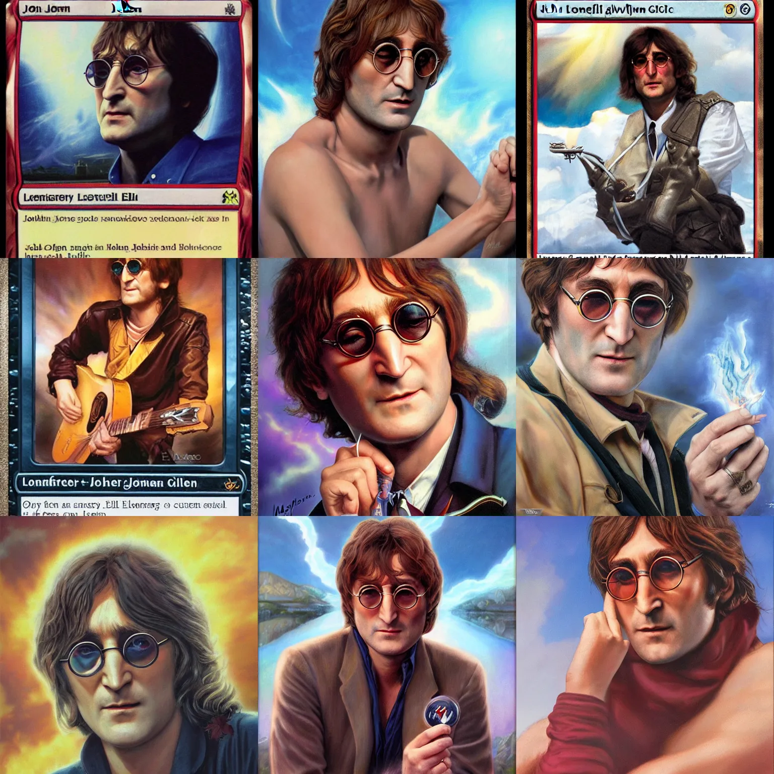 Prompt: john lennon on a magic the gathering card by magali villeneuve and gil elvgren, crisp details, hyperrealism, mtg card, mtg