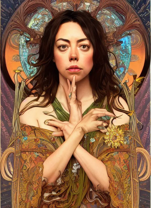 Prompt: Aubrey Plaza as God of Strangeness, cute, fantasy, intricate, elegant, highly detailed, digital painting, 4k, HDR, concept art, smooth, sharp focus, illustration, art by alphonse mucha,artgerm, H R Giger