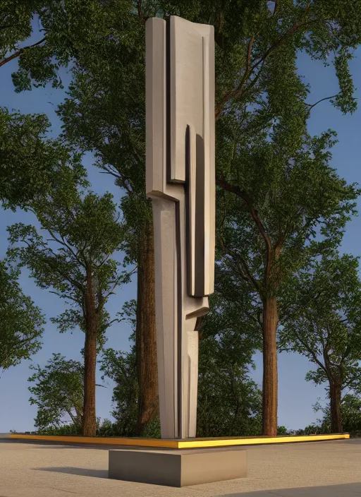 Image similar to highly detailed realistic architecture 3 d render of a metallic stele monument in frank lloyd wright style standing on a side of a highway, archdaily, made in unreal engine 4 octane render