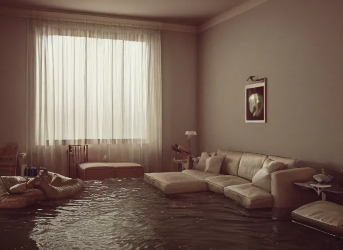 Prompt: kodak portra 4 0 0 photographic and realistic, 7 0 s living room, detailed, octane render, unreal engine, 4 k, artstation, hyper realistic, wide angle, floor flooded, how a river, objects that float, 3 5 mm, sharp focus, soft light, volumetric light fog, in the style of gregory crewdson