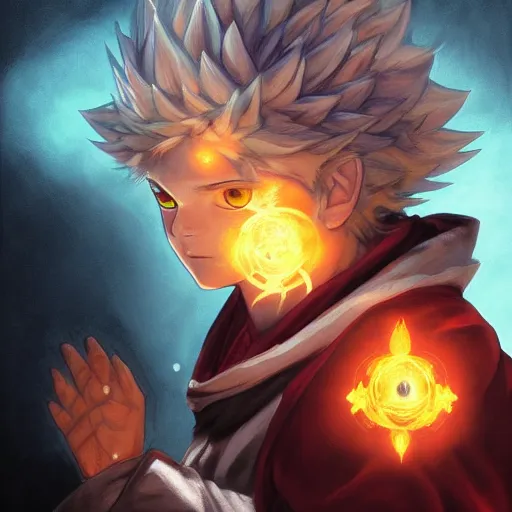 Image similar to portrait portrait portrait of Killua Zoldyck Mage doctor wearing a fireball in his right hand whilst wearing a waterball in his left hand whilst wearing a Shield of Omnipotence greg rutkowski peter mohrbacher anato finnstark marc simonetti Grisaille Realism