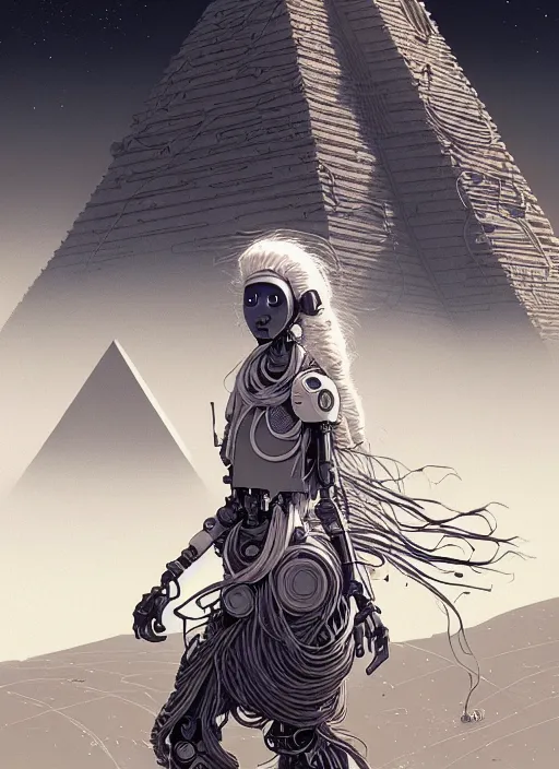 Prompt: highly detailed portrait of a robotoc cyborg long curly white hair nomadic tribal lady, stray wiring by atey ghailan, james gilleard, by joe fenton, by greg rutkowski, by greg tocchini, by kaethe butcher, 4 k resolution, gradient yellow, black and white color scheme!!! ( ( sandstorm robotic pyramid landscape background ) )