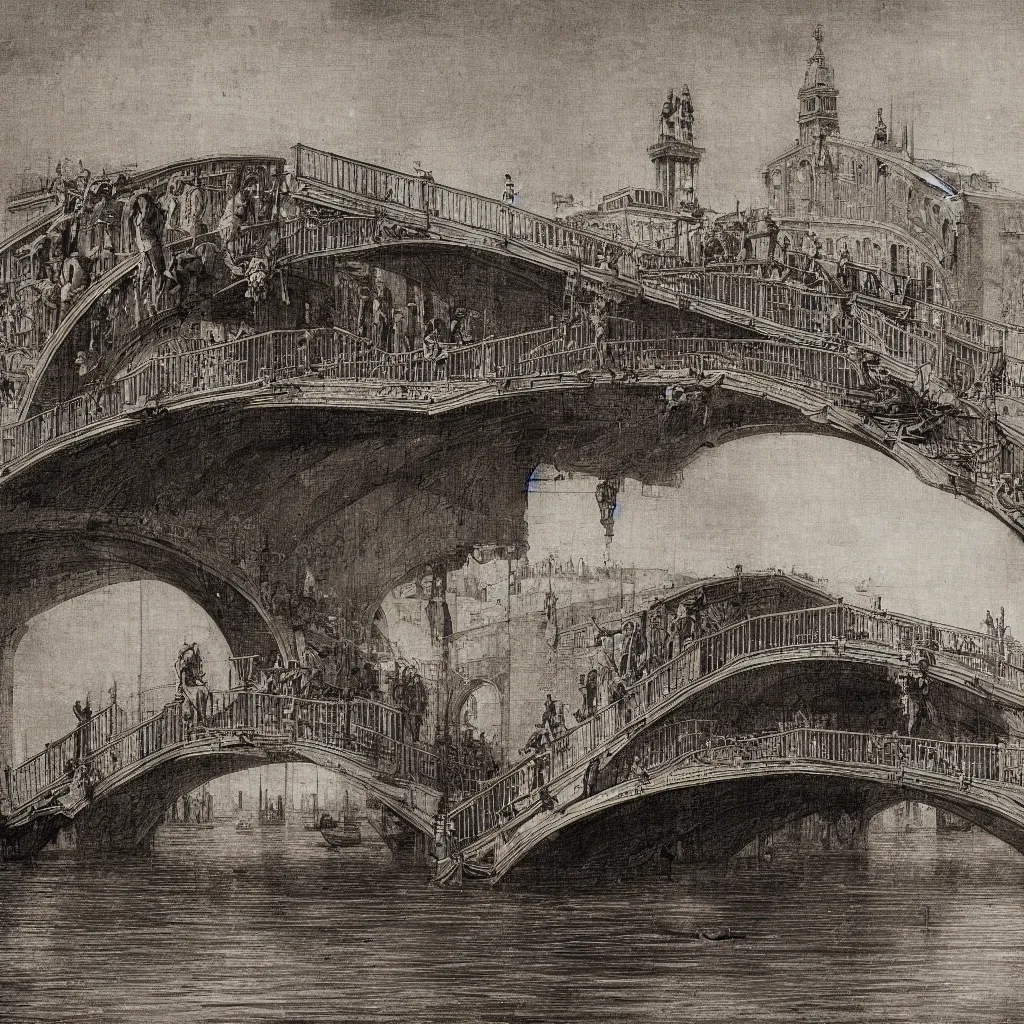 Image similar to venice bridges by piranesi, composition, cinematic, rule, grid