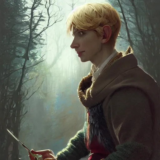 Image similar to elf fairy blonde male with a beautiful face, with a loot on their back, wearing a cardigan, highly detailed, intricate, digital painting, artstation, sharp focus, illustration, art by jakub rozalski, greg rutkowski, artgerm, tan zi and ayanamikodon and alphonse mucha and wlop