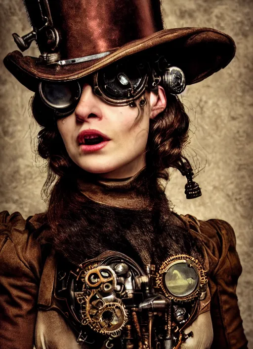 Image similar to closeup portrait of a female steampunk medieval goblin wearing a top hat and goggles, depth of field, zeiss lens, detailed, symmetrical, centered, fashion photoshoot, by Annie Leibovitz and Steve McCurry, David Lazar, Jimmy Nelsson, Breathtaking, 8k resolution, extremely detailed, beautiful, establishing shot, artistic, hyperrealistic, beautiful face, octane render