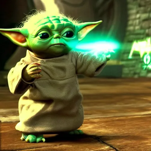 Image similar to real vintage photo, baby yoda playing the video game the legend of zelda, detailed, hyper realistic, 4 k octan render, unreal 5